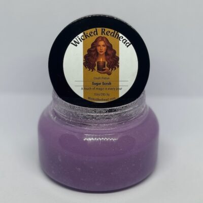 Wicked Redhead lavender sugar scrub in jar with black lid