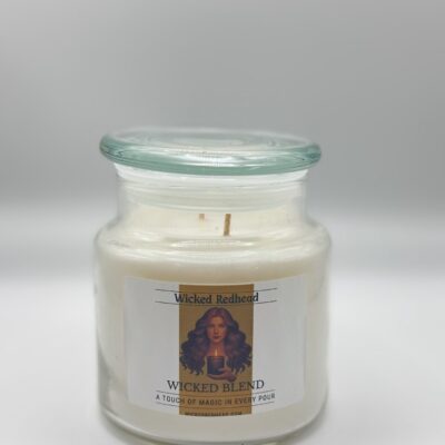 “Wicked Blend Best Selling Scents candle by Wicked Redhead in white wax luxury jar”