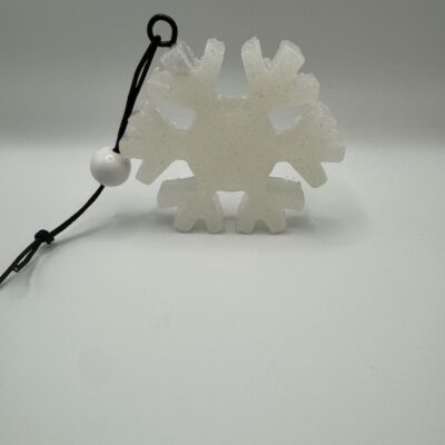 Snowflake Freshie aroma bead air freshener hanging ornament in white with black cord and bead, handcrafted winter car freshener by Wicked Redhead