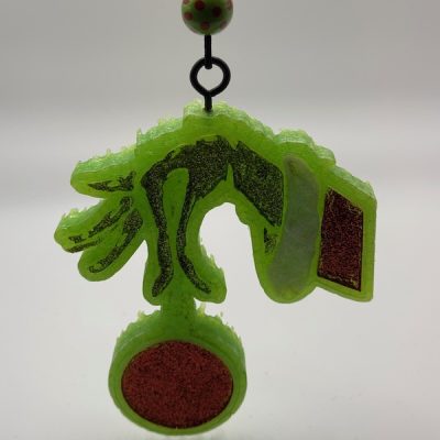Green glitter hand holding red ornament aroma bead freshie – handmade car freshener