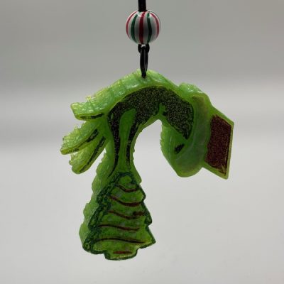 Green glitter hand holding Christmas tree aroma bead freshie – handmade car freshener