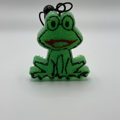 Hop Tart frog freshie in bright green with cartoon eyes and red lips, handcrafted scented air freshener by Wicked Redhead